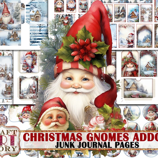 Christmas gnomes Junk Journal Pages ADDON,winter printables digital papers