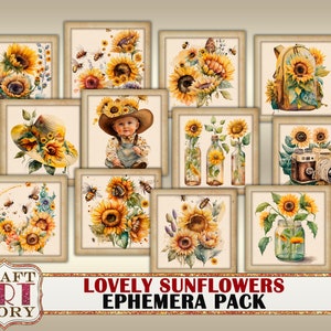 Ephemera Pack sunflowers card set, flowers printable for junk journals