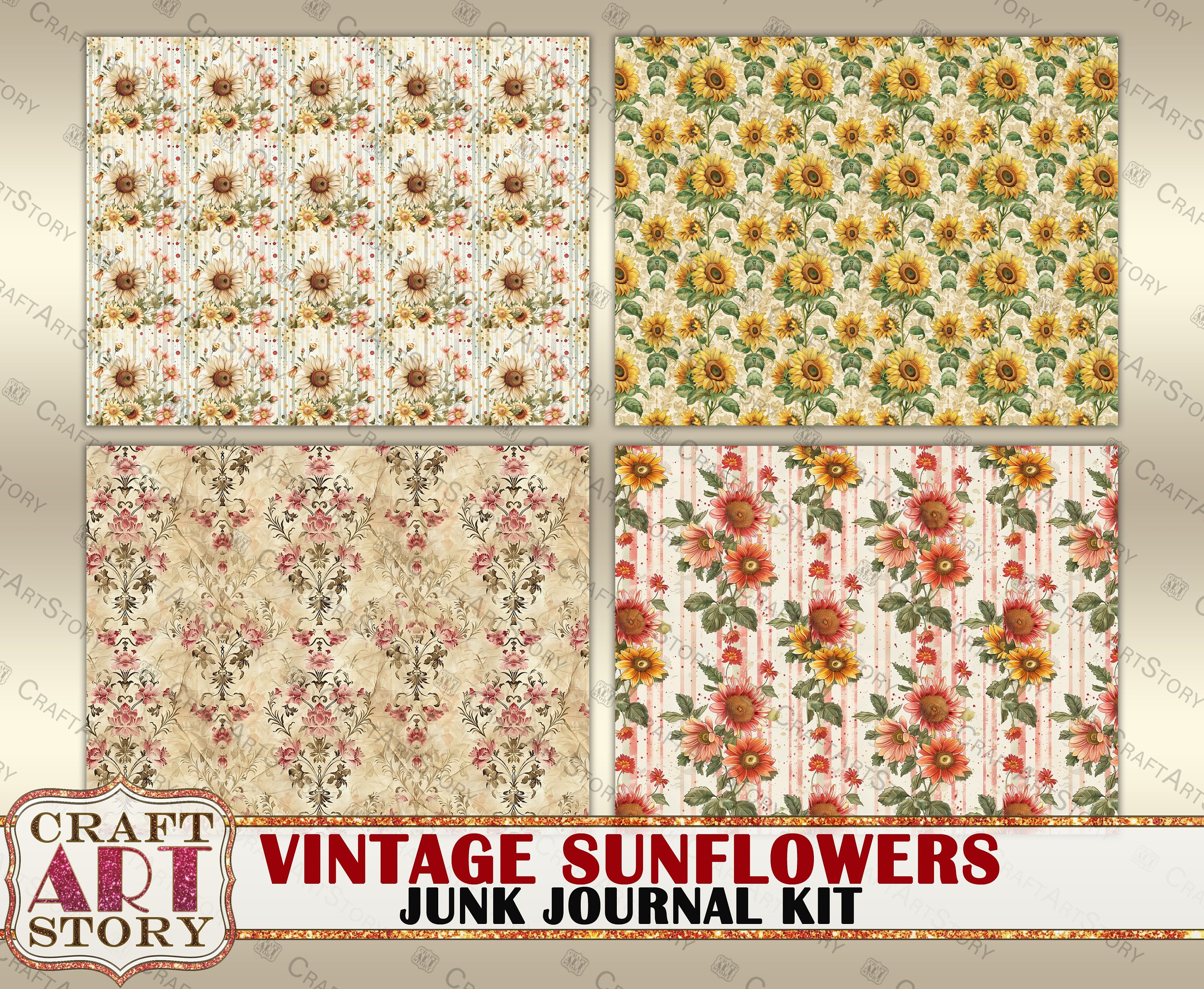 Vintage Sunflowers Junk Journal Kit,scrapbook Printables Digital Papers ...