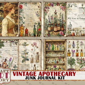 May include: Vintage apothecary junk journal kit with four different images. The images feature antique bottles, flowers, and text. The text includes "Burnett's Preparations", "4711 Eau de Cologne", and "Argol!"