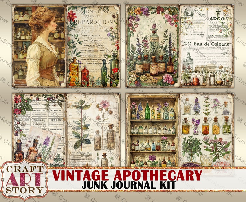 May include: Vintage apothecary junk journal kit with four different images. The images feature antique bottles, flowers, and text. The text includes "Burnett's Preparations", "4711 Eau de Cologne", and "Argol!"