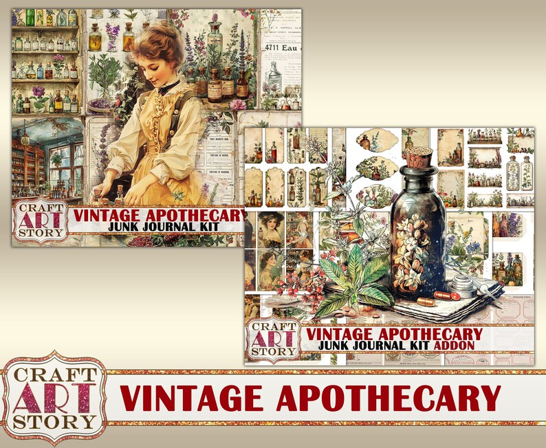 May include: Vintage Apothecary Junk Journal Kit and Add-on. The kit includes a variety of papers, tags, and embellishments with a vintage apothecary theme. The add-on includes additional papers and embellishments.