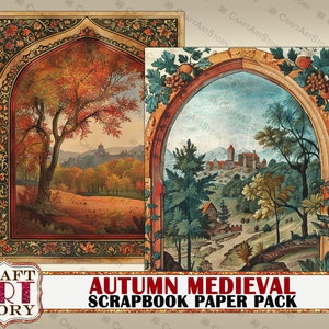 May include: Two digital scrapbook paper designs featuring autumnal scenes with medieval castles and trees. The papers have a vintage look with ornate frames.