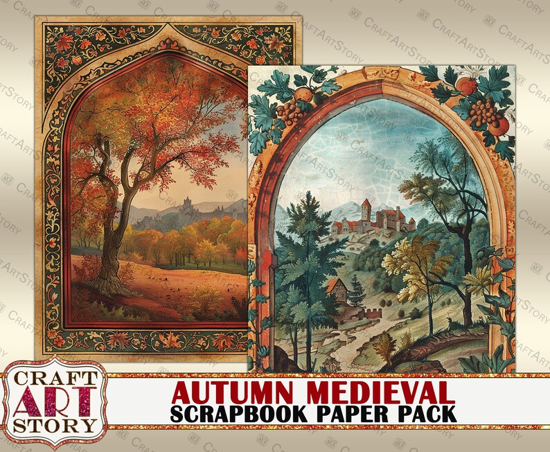 May include: Two digital scrapbook paper designs featuring autumnal scenes with medieval castles and trees. The papers have a vintage look with ornate frames.