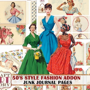 Páginas de diario basura de moda estilo años 50, papel digital imprimible para álbumes de recortes retro.
