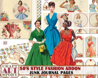 50's style fashion Junk Journal Pages ADDON,retro scrapbook printables digital papers