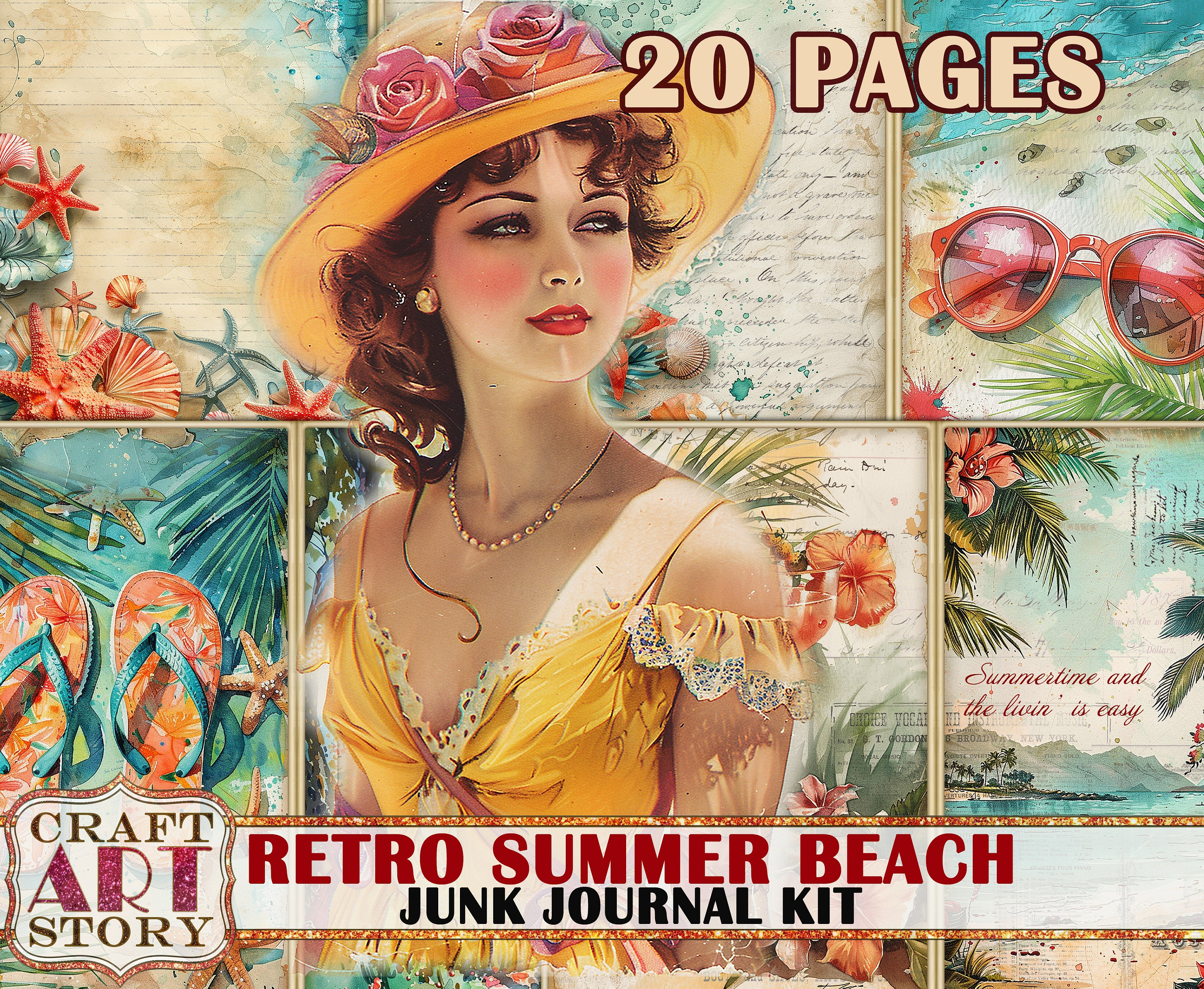 Retro Summer Beach Junk Journal Pages, Printables Digital Papers - Etsy