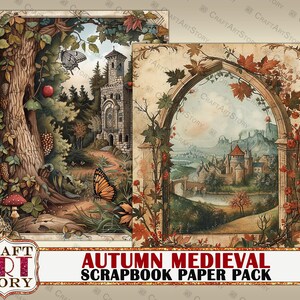 May include: Two digital scrapbook papers featuring autumnal scenes with medieval castles. One paper shows a forest path leading to a castle with a butterfly flying overhead. The other paper shows a castle through an archway with fall foliage.