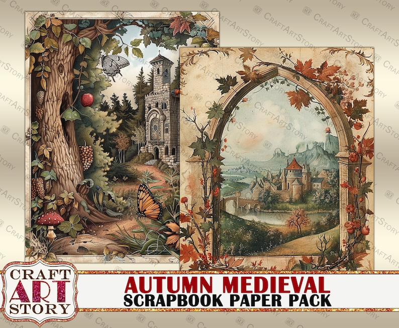 May include: Two digital scrapbook papers featuring autumnal scenes with medieval castles. One paper shows a forest path leading to a castle with a butterfly flying overhead. The other paper shows a castle through an archway with fall foliage.