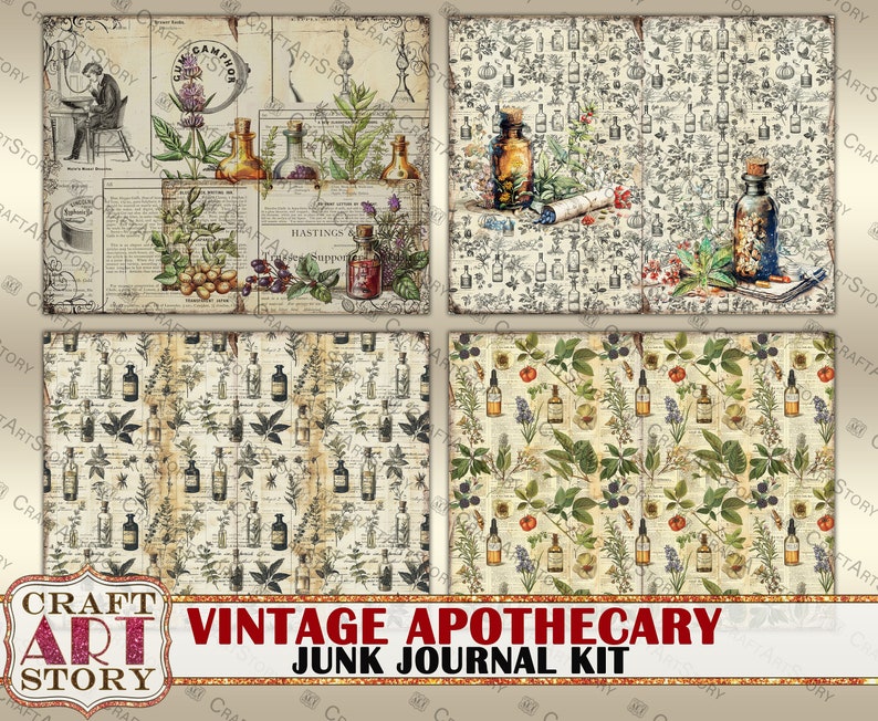 Vintage pharmacy Junk Journal Pages, apothecary printables digital papers image 7