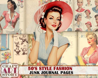 50's style fashion Junk Journal Pages,retro scrapbook printables digital papers