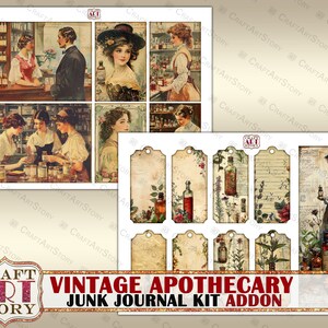 May include: Vintage apothecary themed junk journal kit add-on with images of women in vintage clothing and bottles of potion. The kit includes 10 printable tags with vintage apothecary designs.