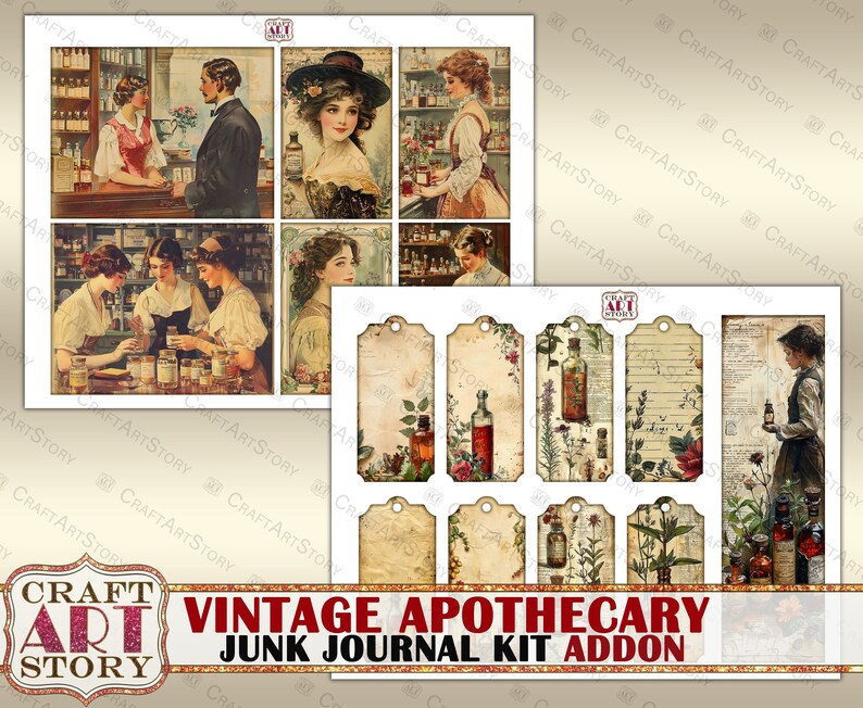 May include: Vintage apothecary themed junk journal kit add-on with images of women in vintage clothing and bottles of potion. The kit includes 10 printable tags with vintage apothecary designs.