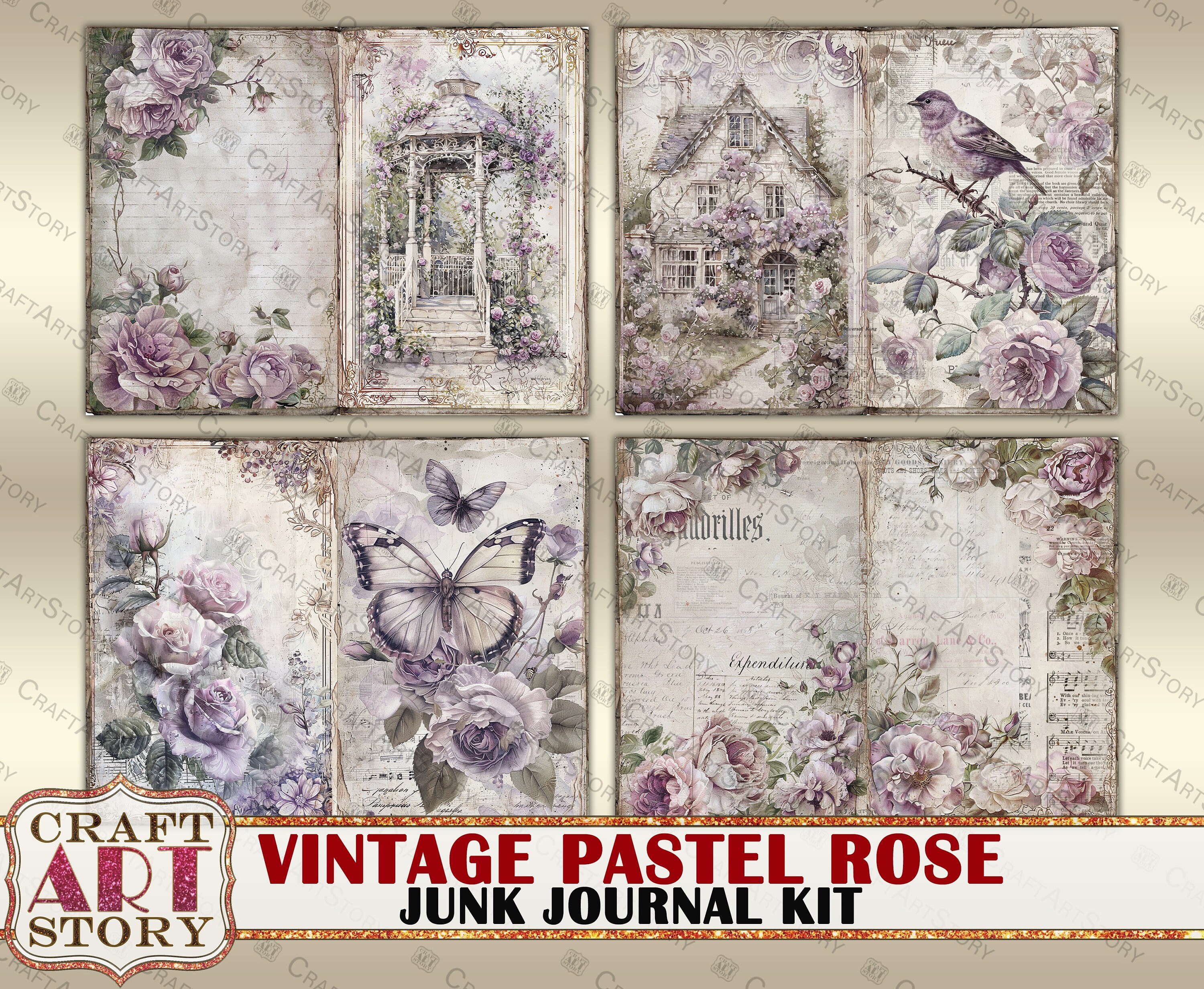Vintage Pastel Roses Junk Journal Kit,scrapbook Printables Digital ...
