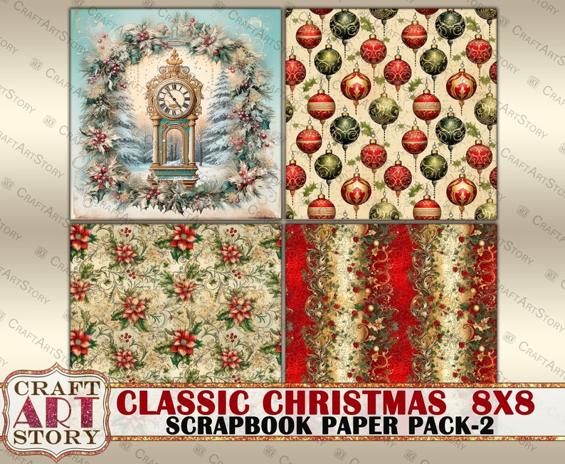 Classic Christmas Scrapbook Paper Pack-2,8x8 DIGITAL papers, paper pad image 7