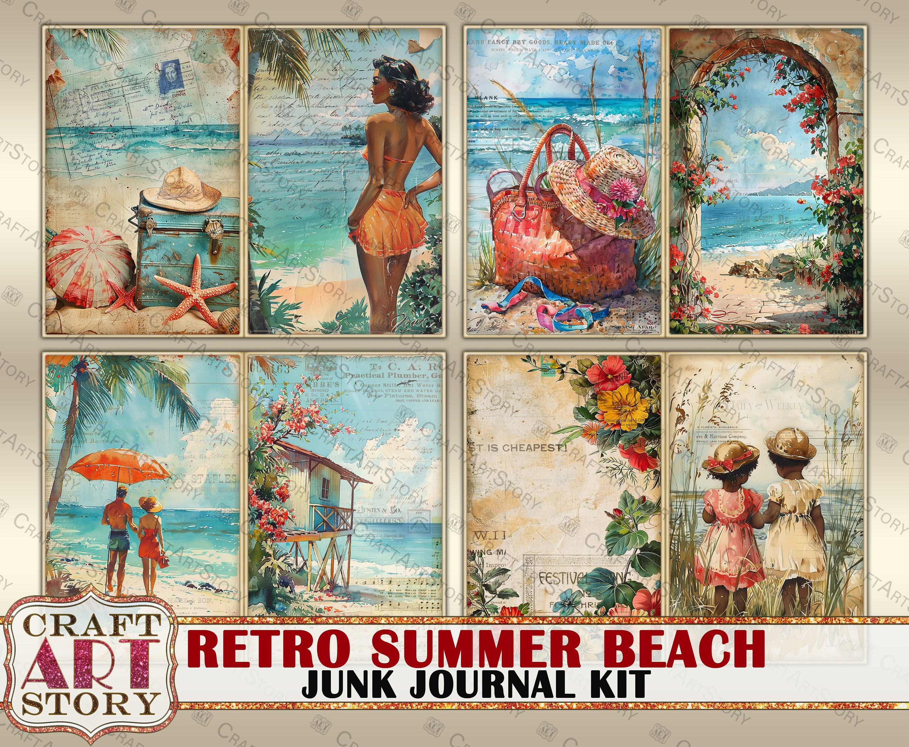 Retro Summer Beach Junk Journal Pages, Printables Digital Papers - Etsy