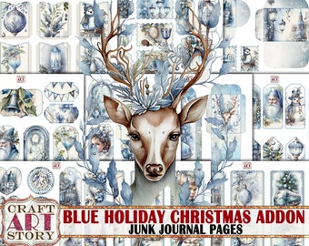 Blue Christmas Junk Journal Pages ADDON,winter Holiday printables digital papers