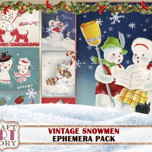Paquete de efímeras de muñecos de nieve vintage, postal de Navidad