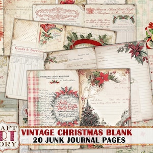 Op de afbeelding: Een collage van vintage kerstjournaalpagina's. De pagina's tonen vervaagde achtergronden, poinsettia's, hulst en handgeschreven tekst. De tekst bevat "Merry Christmas", "Goods & Services" en "Twinkling Lights Bootique". De afbeelding bevat ook de tekst "VINTAGE CHRISTMAS BLANK 20 JUNK JOURNAL PAGES".