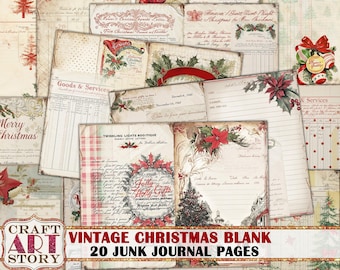 Vintage Christmas Blank Notebook Paper Junk Journal, 20 printables digital papers