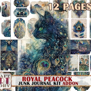 Koninklijke pauw Junk Journal Kit ADDON, veren pauw printables digitale papieren