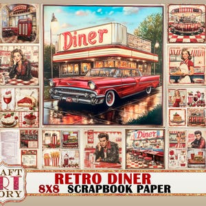 May include: A set of 12 digital scrapbook papers featuring a retro diner theme. The papers include images of a red diner, a classic car, a chequered floor, and a variety of vintage-inspired graphics. The papers are perfect for creating scrapbook pages, cards, invitations, and other paper crafts.
