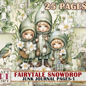 Fairytale snowdrop Fantasy Junk Journal Pages, printables digital papers