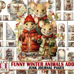 Animali divertenti di Natale Junk Journal Pages ADDON, documenti digitali stampabili invernali