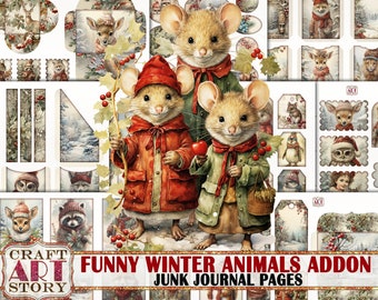 Christmas Funny animals Junk Journal Pages ADDON,winter printables digital papers