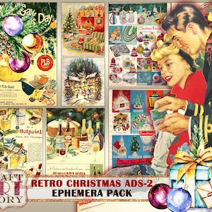 Retro Christmas Ads Ephemera Pack-2,1950s papers printable kit,vintage ads Collage sheet