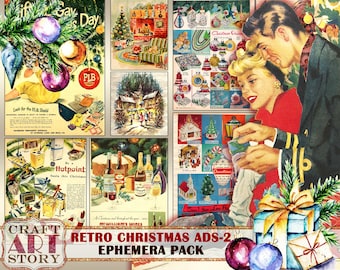 Retro Christmas Ads Ephemera Pack-2, kit stampabile di carte degli anni '50, foglio di collage di annunci vintage