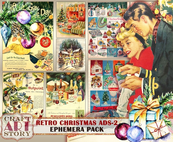 Retro Christmas Ads Ephemera Pack-2,1950s papers printable kit,vintage ads Collage sheet