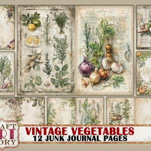 May include: Twelve vintage style digital paper pages featuring illustrations of vegetables, herbs, and spices. The papers have a distressed, aged look and are perfect for scrapbooking, junk journaling, or other paper crafts.