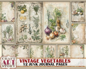 Vintage vegetables Junk Journal Pages,retro Scrapbook Shabby Chic Art Kitchen Backgrounds