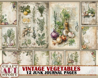 Vintage vegetables Junk Journal Pages,retro Scrapbook Shabby Chic Art Kitchen Backgrounds