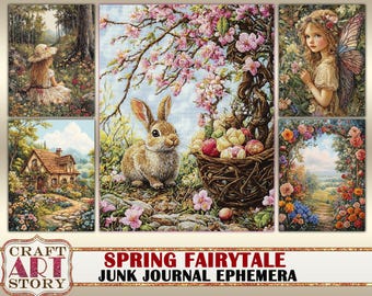 May include: A digital collage of images featuring a spring fairy tale theme. The collage includes a cottage in a forest, a rabbit in a field of flowers, a fairy with wings, and a wreath of flowers.
