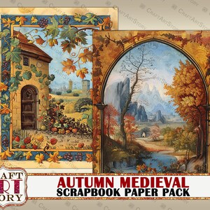 May include: Two digital scrapbook paper designs featuring autumnal scenes. The first design shows a stone building with a door and a garden with a variety of plants and fruits. The second design shows a landscape with a bridge, a river, and trees with fall foliage. The text "Autumn Medieval Scrapbook Paper Pack" is at the bottom of the image.
