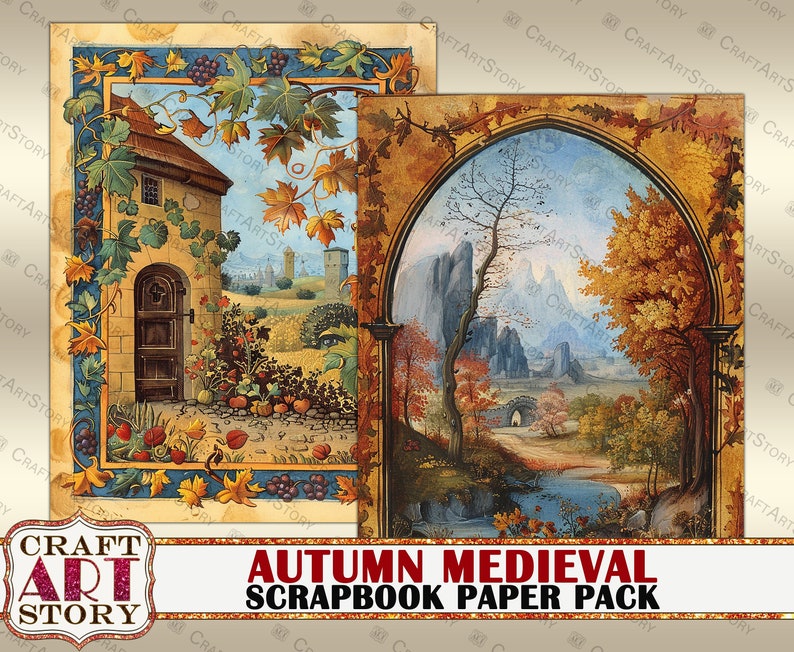 May include: Two digital scrapbook paper designs featuring autumnal scenes. The first design shows a stone building with a door and a garden with a variety of plants and fruits. The second design shows a landscape with a bridge, a river, and trees with fall foliage. The text "Autumn Medieval Scrapbook Paper Pack" is at the bottom of the image.