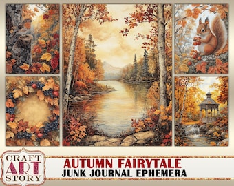 Op de afbeelding: Vier digitale collagebladen met herfsttaferelen met een meer, een eekhoorn, een prieel en een krans. De afbeeldingen zijn in vintage stijl met warme kleuren en een rustieke uitstraling. De tekst "Autumn Fairytale Junk Journal Ephemera" staat onderaan de afbeelding.