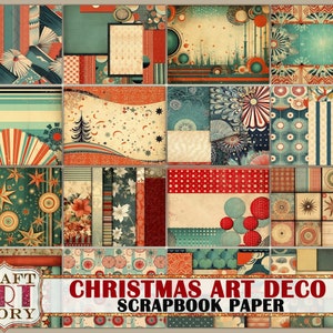 Vintage Christmas Art Deco scrapbook paper Pack, Printable 16 Pages