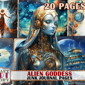 Außerirdische Göttin Junk Journal Seiten, Weltraum Sammelalbum Printables digitale Papiere