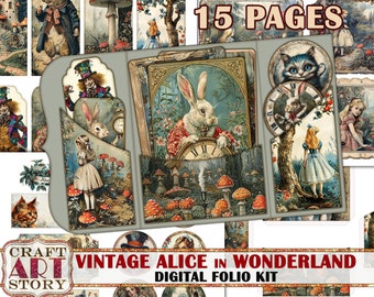 Vintage Alice Wonderland Folio Kit,fussy cuts,Cards set Printable,scrapbook digital papers