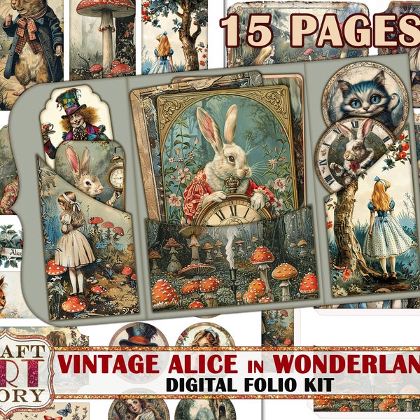 Vintage Alice Wonderland Folio Kit,fussy cuts,Cards set Printable,scrapbook digital papers