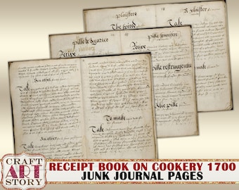 Paquet de papier vintage Pages de livre de cuisine, vieux papiers imprimables, page de journal indésirable livre des années 1700