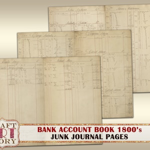 Pagine del libro mastro del libro dei conti della banca del pacco di carta vintage, set di vecchi documenti stampabili, pagine del diario spazzatura del 1800