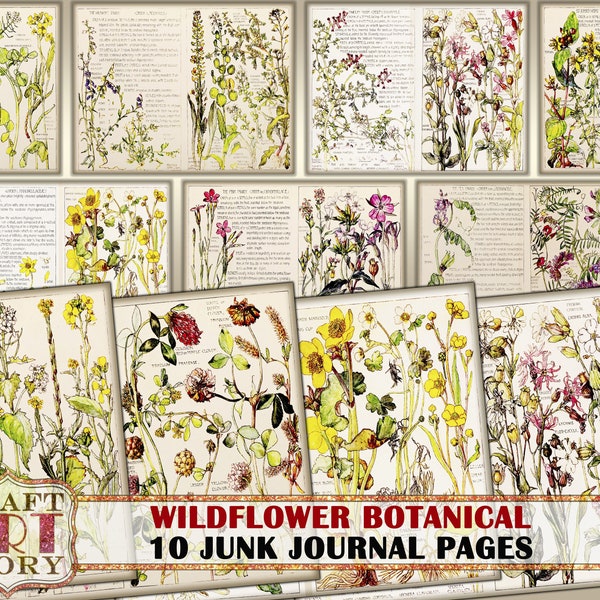 Vintage old paper Wildflowers Junk Journal Pages,backgrounds kit,decorative papers