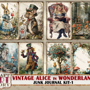 May include: Vintage Alice in Wonderland themed junk journal kit with six images featuring Alice, the Mad Hatter, a rabbit, a mouse, a chessboard, and a tree. The images are printed on cardstock and are ready to be cut out and used in your junk journal.