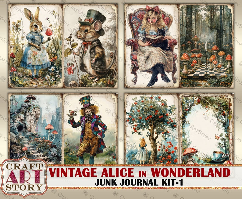 May include: Vintage Alice in Wonderland themed junk journal kit with six images featuring Alice, the Mad Hatter, a rabbit, a mouse, a chessboard, and a tree. The images are printed on cardstock and are ready to be cut out and used in your junk journal.