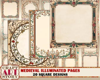 Pode incluir: Uma coleção de páginas medievais iluminadas com bordas ornamentadas e desenhos florais. As páginas apresentam um fundo semelhante a pergaminho e são adornadas com detalhes intrincados em verde, vermelho e dourado. O texto na imagem diz "Medieval Illuminated Pages" e "20 Square Designs."