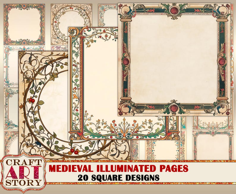 Medieval Illuminated Manuscript 20 Square Designs: Floral Border Pages ...